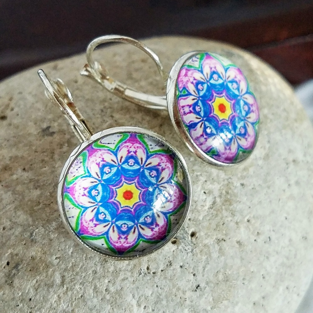 Allergy-Safe Blue & Pink Mandala Earrings